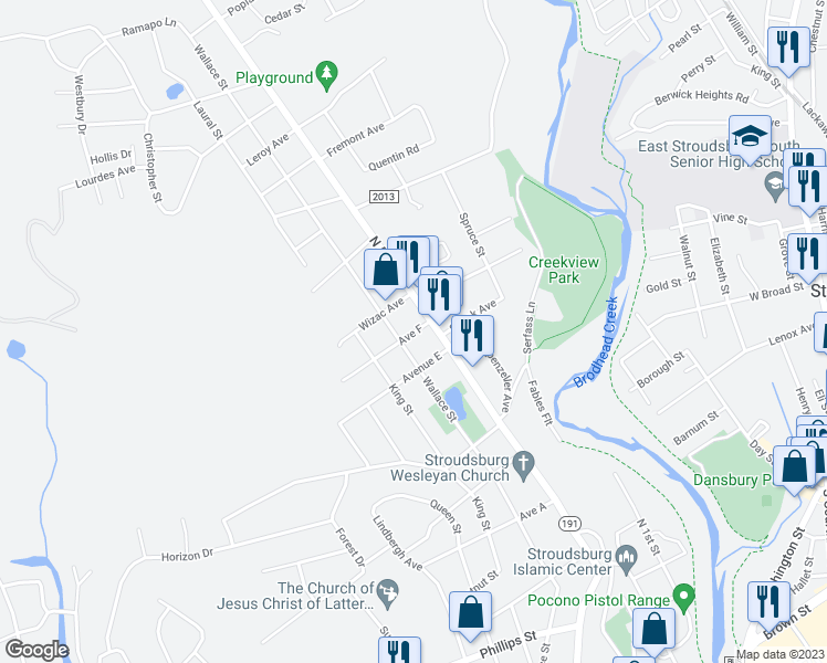 map of restaurants, bars, coffee shops, grocery stores, and more near 518 Avenue F in Stroudsburg