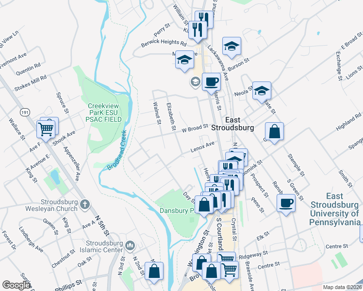 map of restaurants, bars, coffee shops, grocery stores, and more near in East Stroudsburg