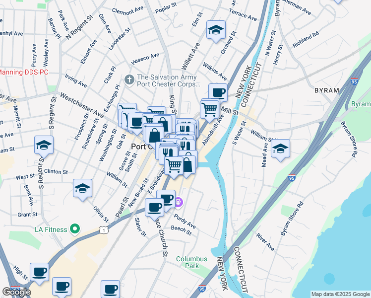 map of restaurants, bars, coffee shops, grocery stores, and more near 17 King Street in Port Chester