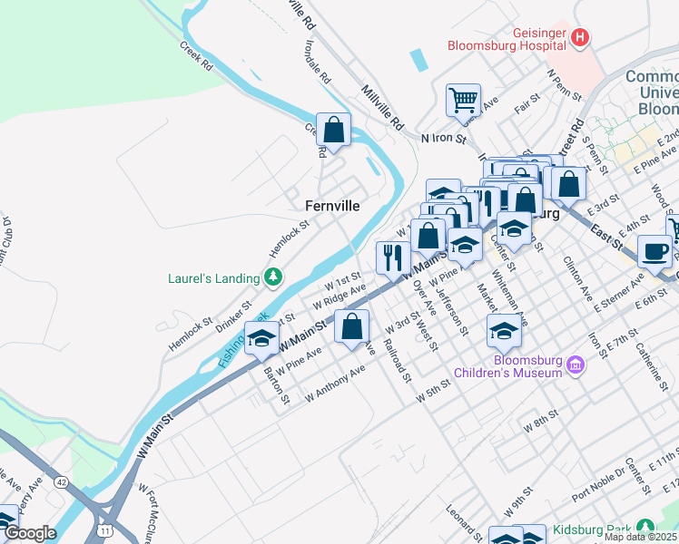 map of restaurants, bars, coffee shops, grocery stores, and more near 462464 East 1st Street in Bloomsburg