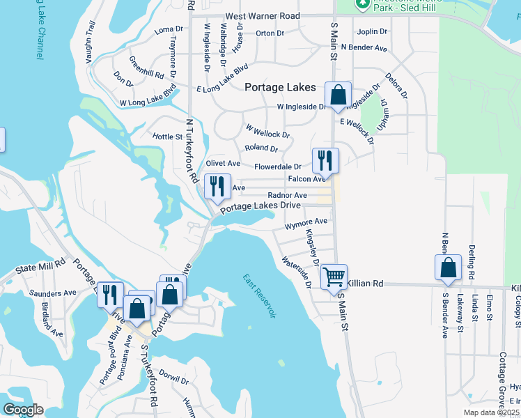 map of restaurants, bars, coffee shops, grocery stores, and more near 117 Wymore Avenue in Akron