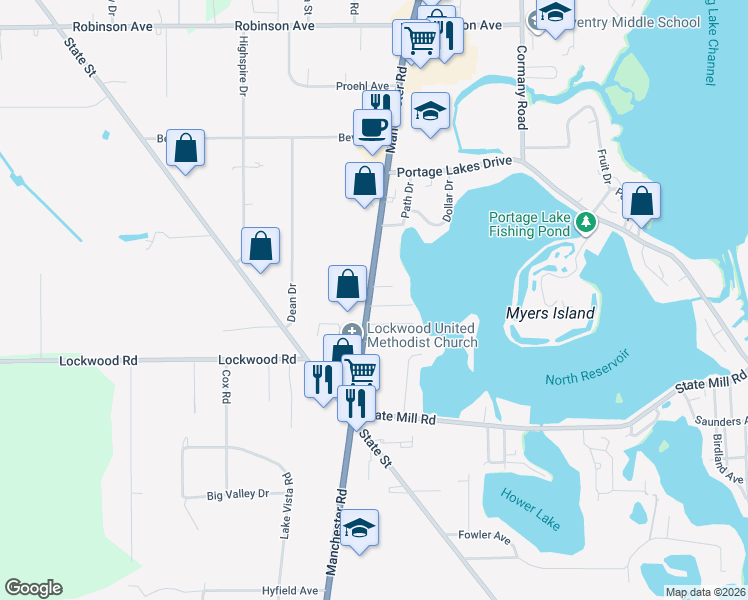 map of restaurants, bars, coffee shops, grocery stores, and more near 3653 Manchester Road in Akron