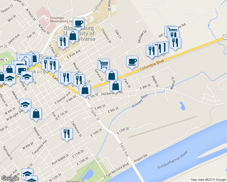 map of restaurants, bars, coffee shops, grocery stores, and more near 621 Old Berwick Road in Bloomsburg