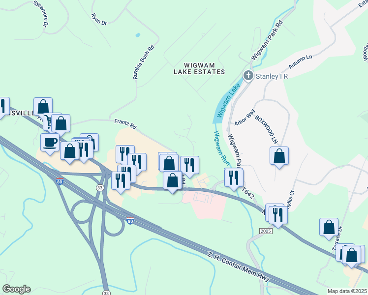 map of restaurants, bars, coffee shops, grocery stores, and more near 261 Frantz Road in Stroudsburg