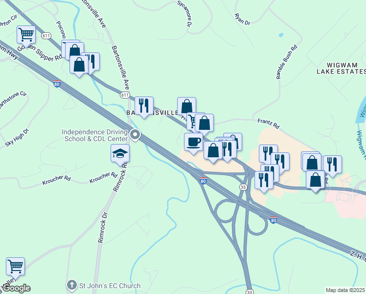 map of restaurants, bars, coffee shops, grocery stores, and more near 212 Cruver Avenue in Stroudsburg