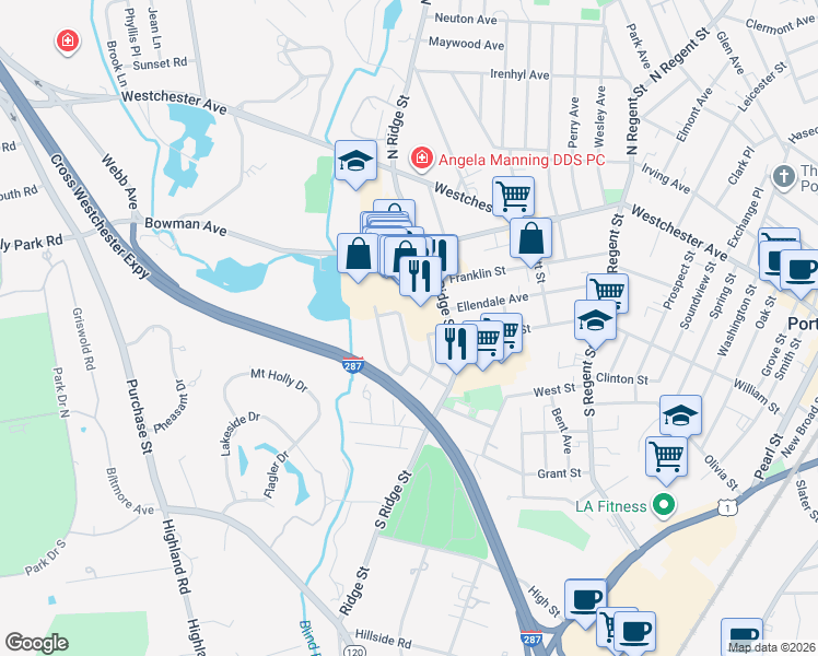 map of restaurants, bars, coffee shops, grocery stores, and more near 27 Westview Avenue in Rye Brook