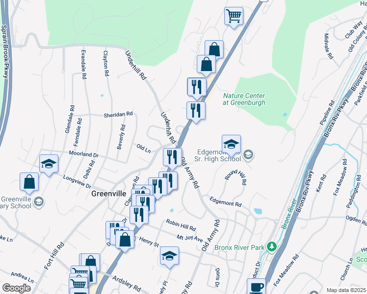 map of restaurants, bars, coffee shops, grocery stores, and more near 350 Old Army Road in Scarsdale