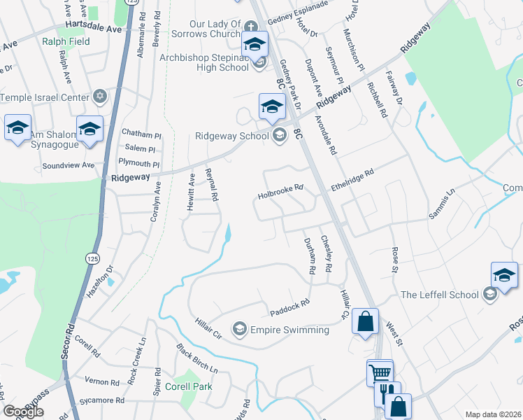 map of restaurants, bars, coffee shops, grocery stores, and more near 48 Holbrooke Road in White Plains