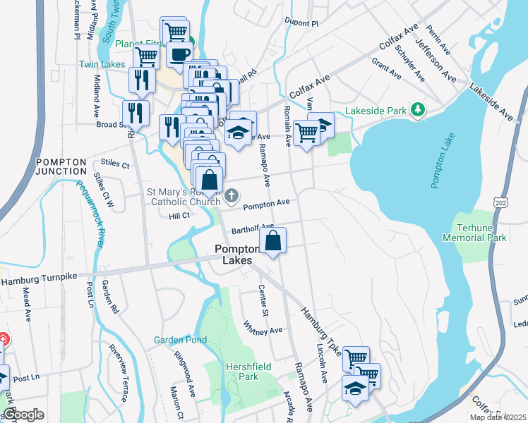 map of restaurants, bars, coffee shops, grocery stores, and more near 70 Pompton Avenue in Pompton Lakes