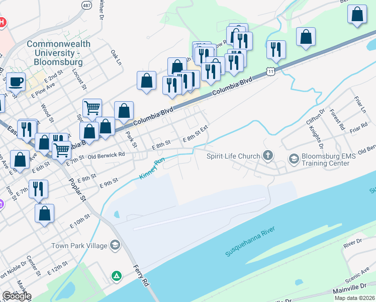 map of restaurants, bars, coffee shops, grocery stores, and more near 1001 Industrial Dr in Bloomsburg