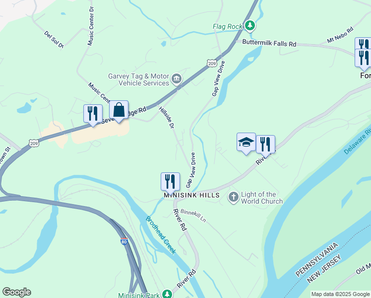 map of restaurants, bars, coffee shops, grocery stores, and more near 1153 Hillside Drive in East Stroudsburg