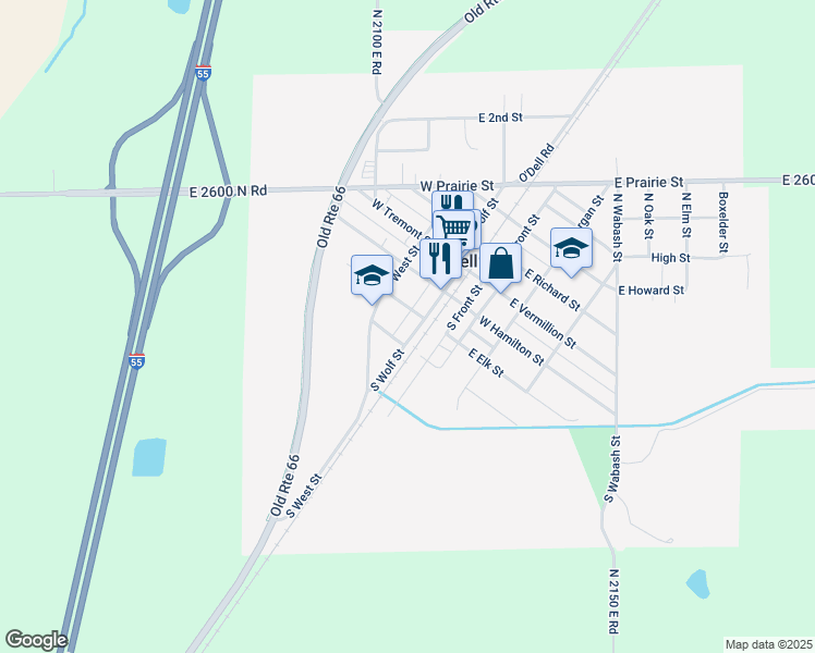 map of restaurants, bars, coffee shops, grocery stores, and more near 406 South Wolf Street in Odell