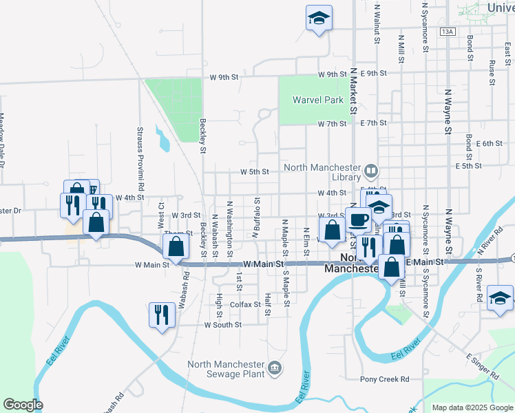 map of restaurants, bars, coffee shops, grocery stores, and more near North Buffalo Street in North Manchester