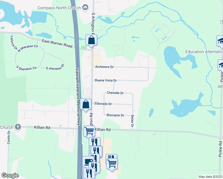 map of restaurants, bars, coffee shops, grocery stores, and more near 960 Chevelle Drive in Akron