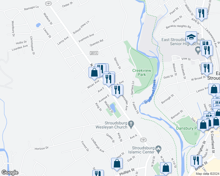 map of restaurants, bars, coffee shops, grocery stores, and more near 1316 North 5th Street in Stroudsburg