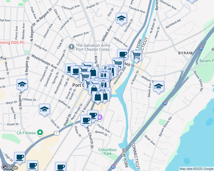 map of restaurants, bars, coffee shops, grocery stores, and more near 76 North Main Street in Port Chester