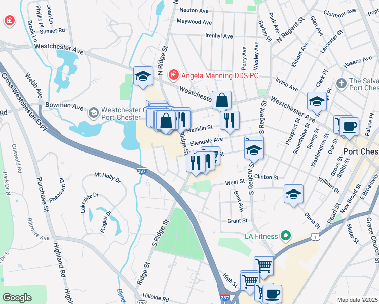 map of restaurants, bars, coffee shops, grocery stores, and more near 506 West William Street in Rye Brook