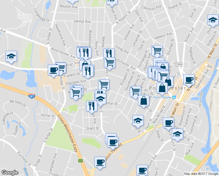 map of restaurants, bars, coffee shops, grocery stores, and more near 319 Olivia Street in Port Chester