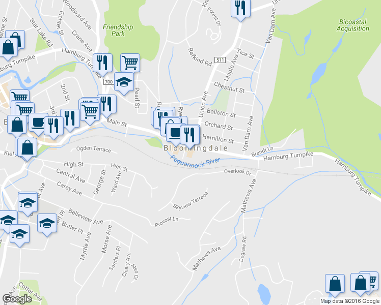 map of restaurants, bars, coffee shops, grocery stores, and more near 47 Main Street in Bloomingdale