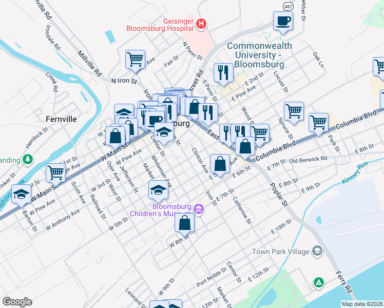 map of restaurants, bars, coffee shops, grocery stores, and more near 112116 East 3rd Street in Bloomsburg