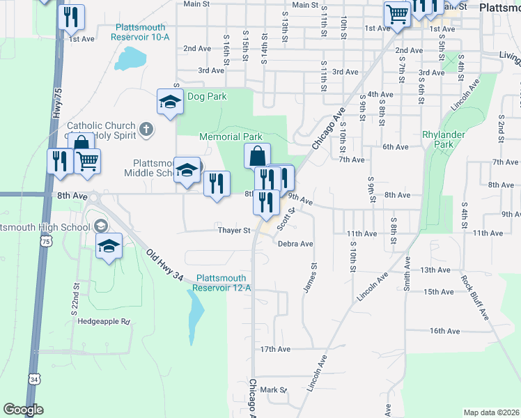 map of restaurants, bars, coffee shops, grocery stores, and more near 1413 8th Avenue in Plattsmouth