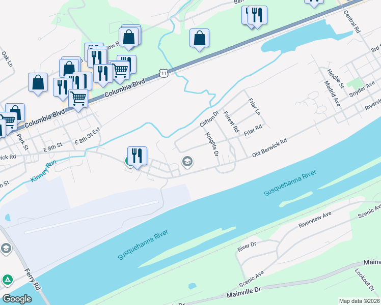 map of restaurants, bars, coffee shops, grocery stores, and more near 165 Nottingham Road in Bloomsburg