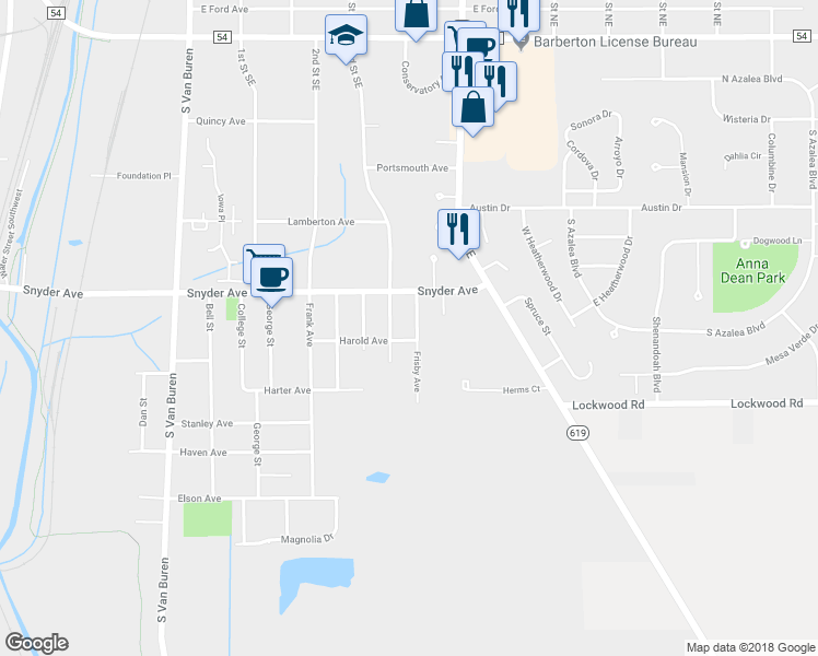 map of restaurants, bars, coffee shops, grocery stores, and more near 318 Frisby Avenue in Barberton