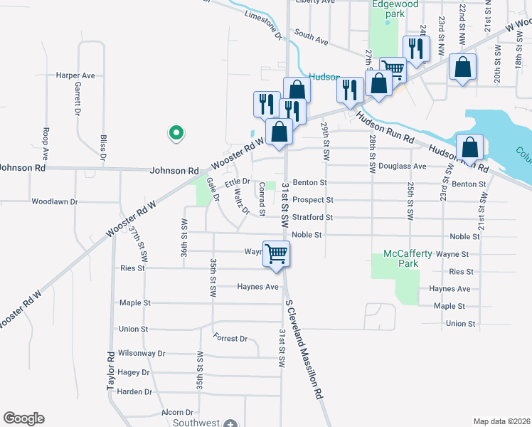 map of restaurants, bars, coffee shops, grocery stores, and more near 122 Meadow Court in Barberton