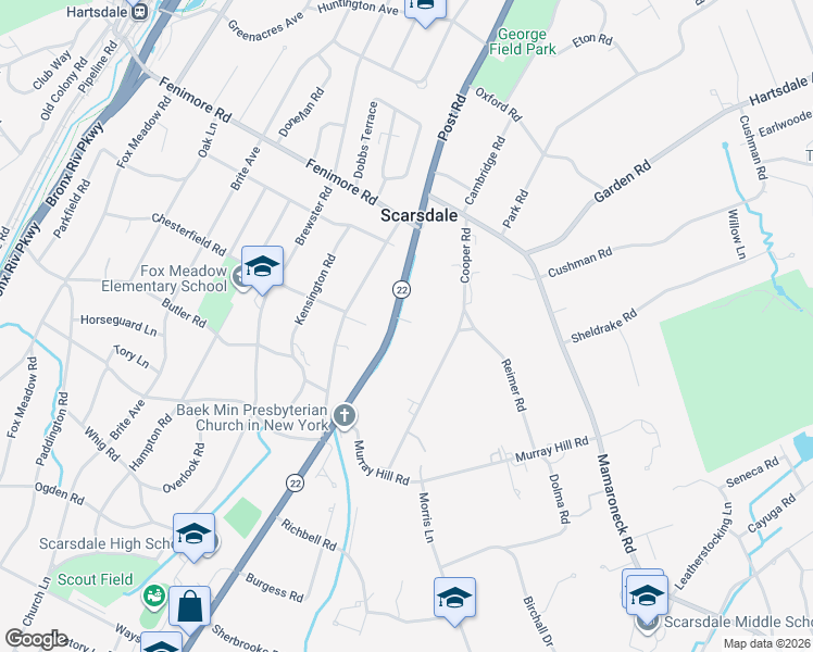 map of restaurants, bars, coffee shops, grocery stores, and more near 2 Lorraine Place in Scarsdale