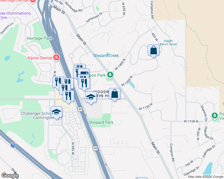 map of restaurants, bars, coffee shops, grocery stores, and more near 708 Moon Circle in Farmington