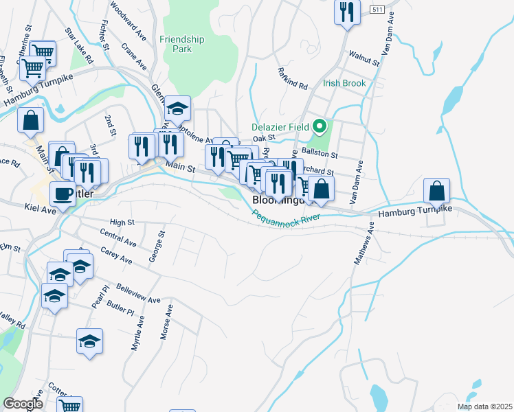 map of restaurants, bars, coffee shops, grocery stores, and more near 62 Main Street in Bloomingdale
