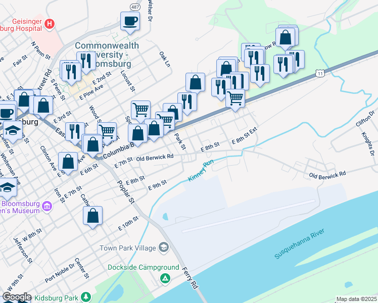 map of restaurants, bars, coffee shops, grocery stores, and more near 704 Oak Street in Bloomsburg