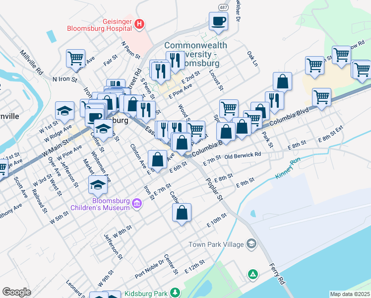 map of restaurants, bars, coffee shops, grocery stores, and more near 372 East 5th Street in Bloomsburg