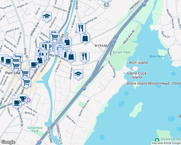 map of restaurants, bars, coffee shops, grocery stores, and more near 25 Richard Street in Greenwich