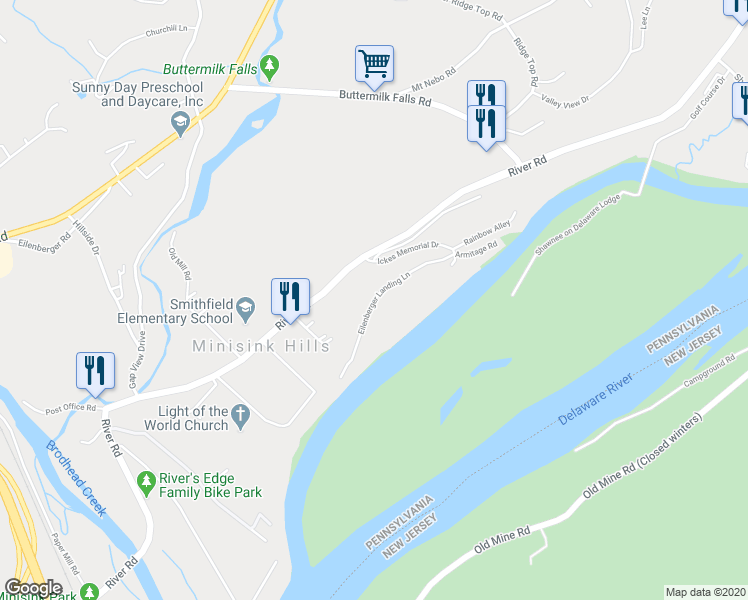 map of restaurants, bars, coffee shops, grocery stores, and more near Eilenberger Landing Lane in Monroe County