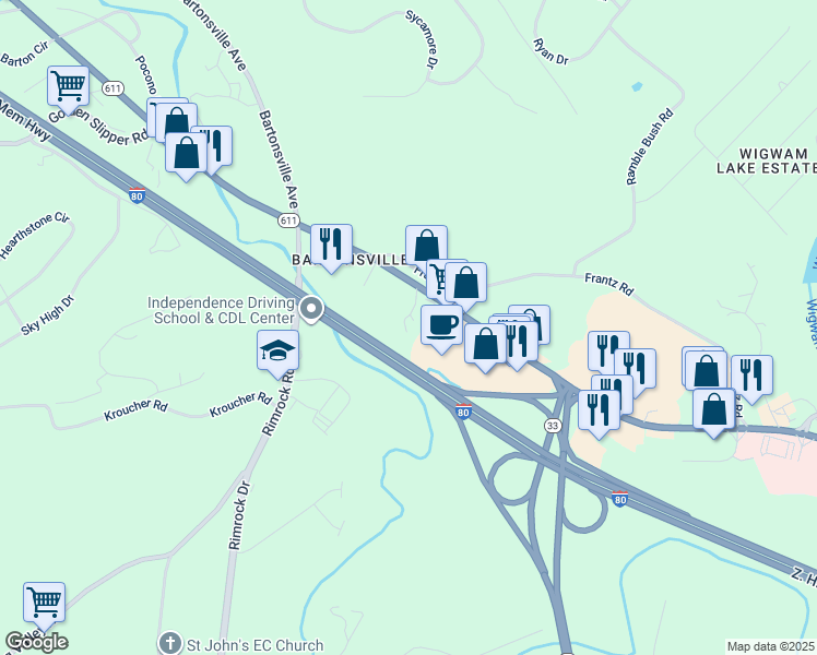 map of restaurants, bars, coffee shops, grocery stores, and more near 115 Kirk Lane in Stroudsburg