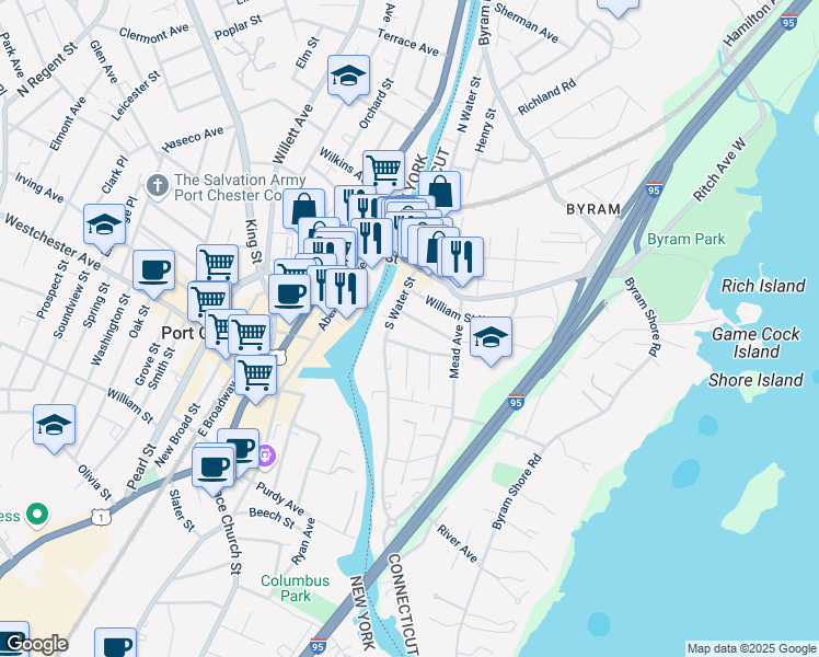 map of restaurants, bars, coffee shops, grocery stores, and more near 16 William Street West in Greenwich