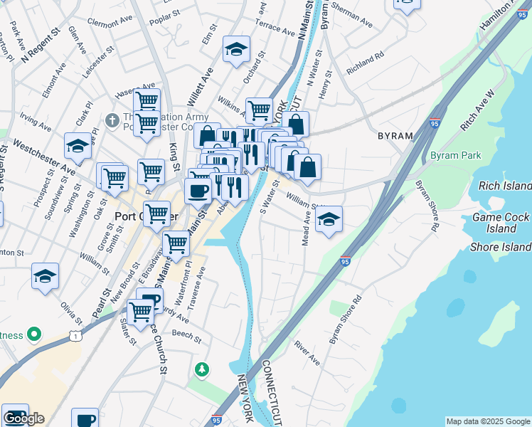 map of restaurants, bars, coffee shops, grocery stores, and more near 34 South Water Street in Greenwich