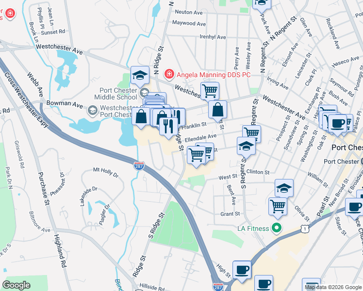 map of restaurants, bars, coffee shops, grocery stores, and more near 27 Rye Ridge Plaza in Rye Brook