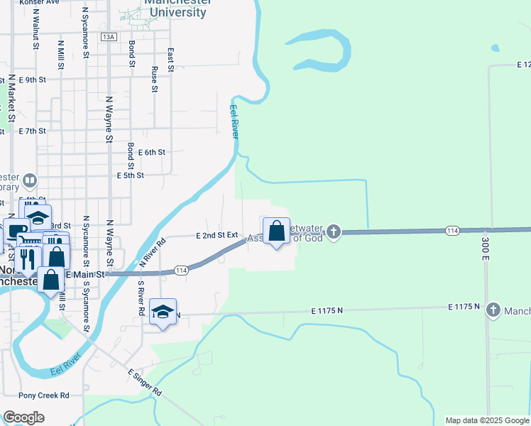 map of restaurants, bars, coffee shops, grocery stores, and more near 301 Fellowship Drive in North Manchester