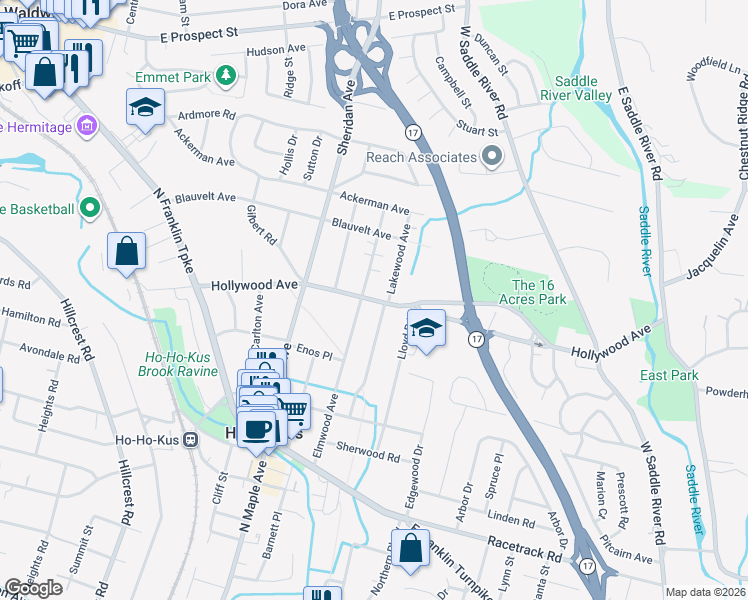 map of restaurants, bars, coffee shops, grocery stores, and more near 507 Hollywood Avenue in Ho-Ho-Kus