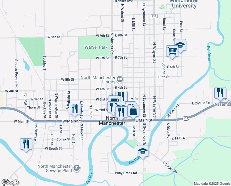 map of restaurants, bars, coffee shops, grocery stores, and more near 100-150 E 4th St in North Manchester