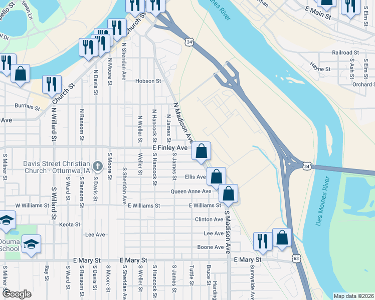 map of restaurants, bars, coffee shops, grocery stores, and more near 101-199 North Madison Avenue in Ottumwa