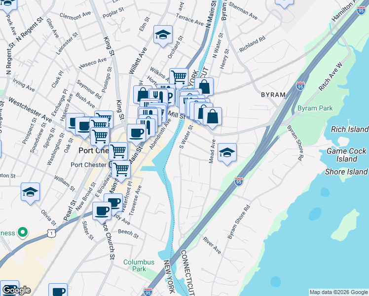 map of restaurants, bars, coffee shops, grocery stores, and more near 34 South Water Street in Greenwich