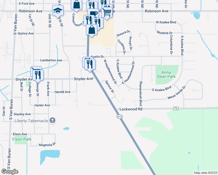 map of restaurants, bars, coffee shops, grocery stores, and more near 290 West Heatherwood Drive in Barberton