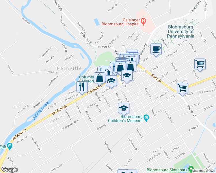 map of restaurants, bars, coffee shops, grocery stores, and more near 230 Market Street in Bloomsburg