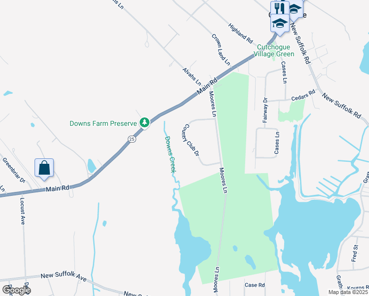 map of restaurants, bars, coffee shops, grocery stores, and more near 1215 Country Club Drive in Cutchogue