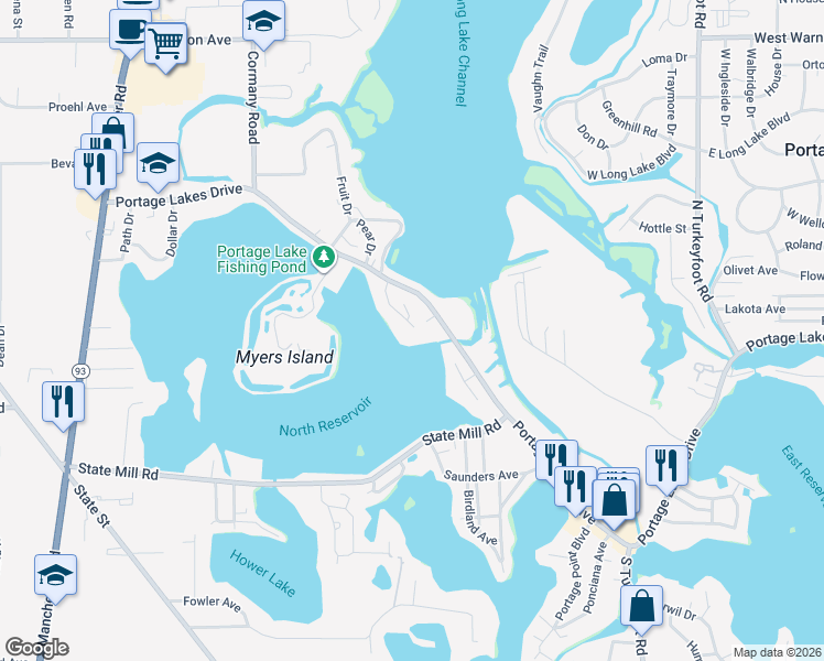 map of restaurants, bars, coffee shops, grocery stores, and more near 3427 Longworth Lane in Akron