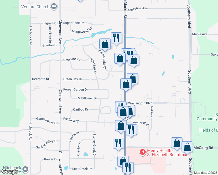 map of restaurants, bars, coffee shops, grocery stores, and more near 68 Forest-Garden Drive in Youngstown