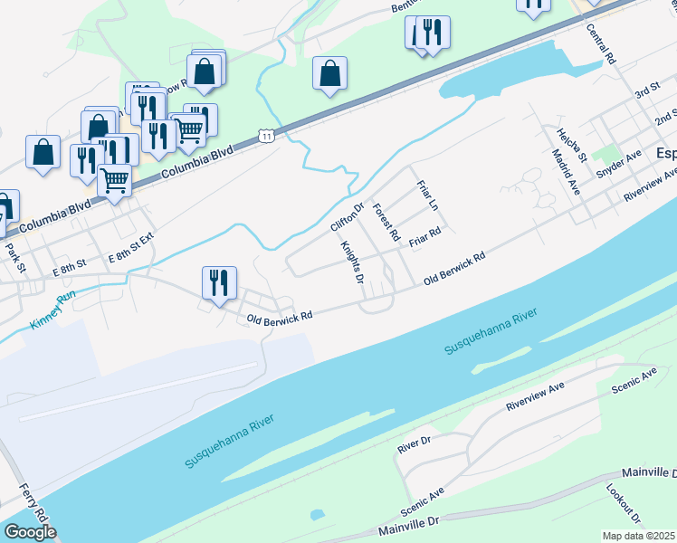 map of restaurants, bars, coffee shops, grocery stores, and more near 125 Nottingham Road in Bloomsburg